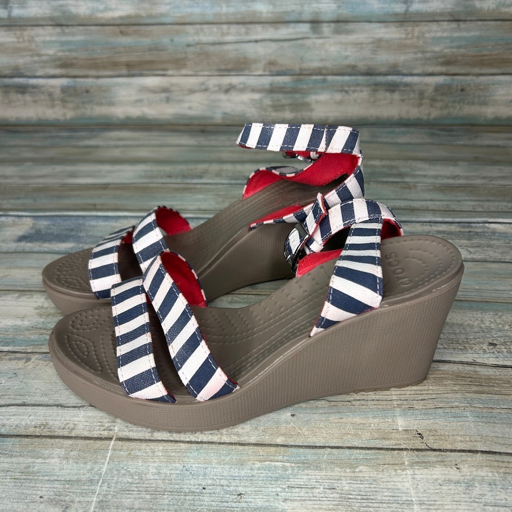 CROCS Navy Blue and Red Striped Wedge Sandals